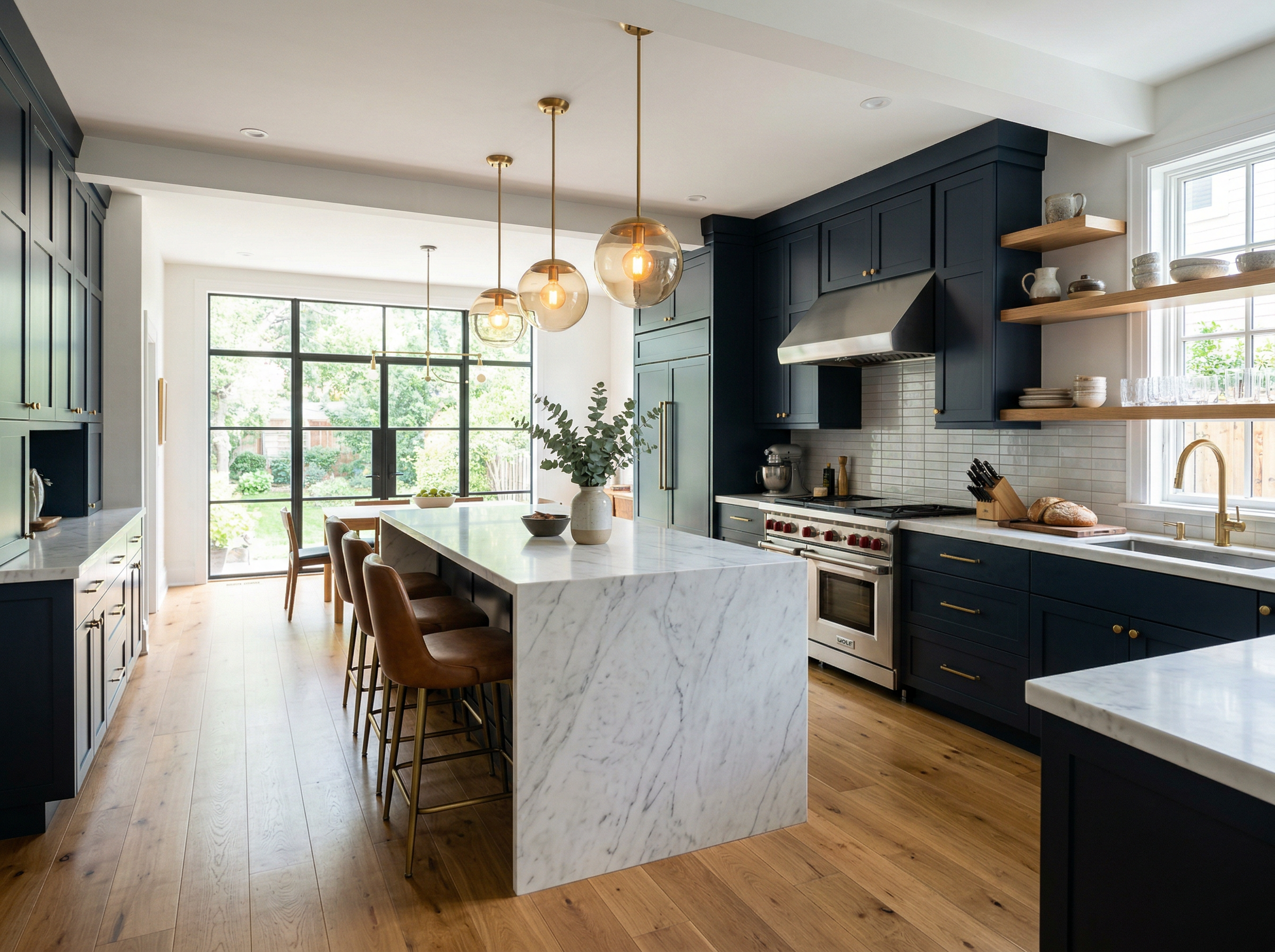 A beautifully remodeled kitchen showcasing Full Quality LLC craftsmanship — navy cabinetry, marble countertops, and warm gold lighting